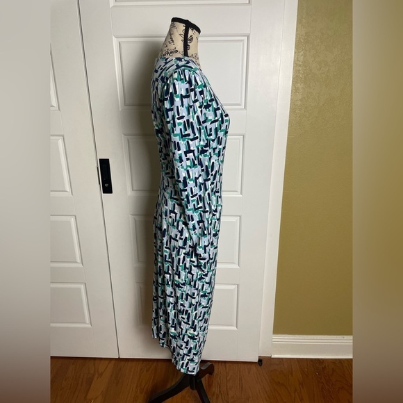 Eliza J NWT Abstract Print Long Sleeve Ruched Sheath Midi Dress Blue Teal Gray - Picture 3 of 8